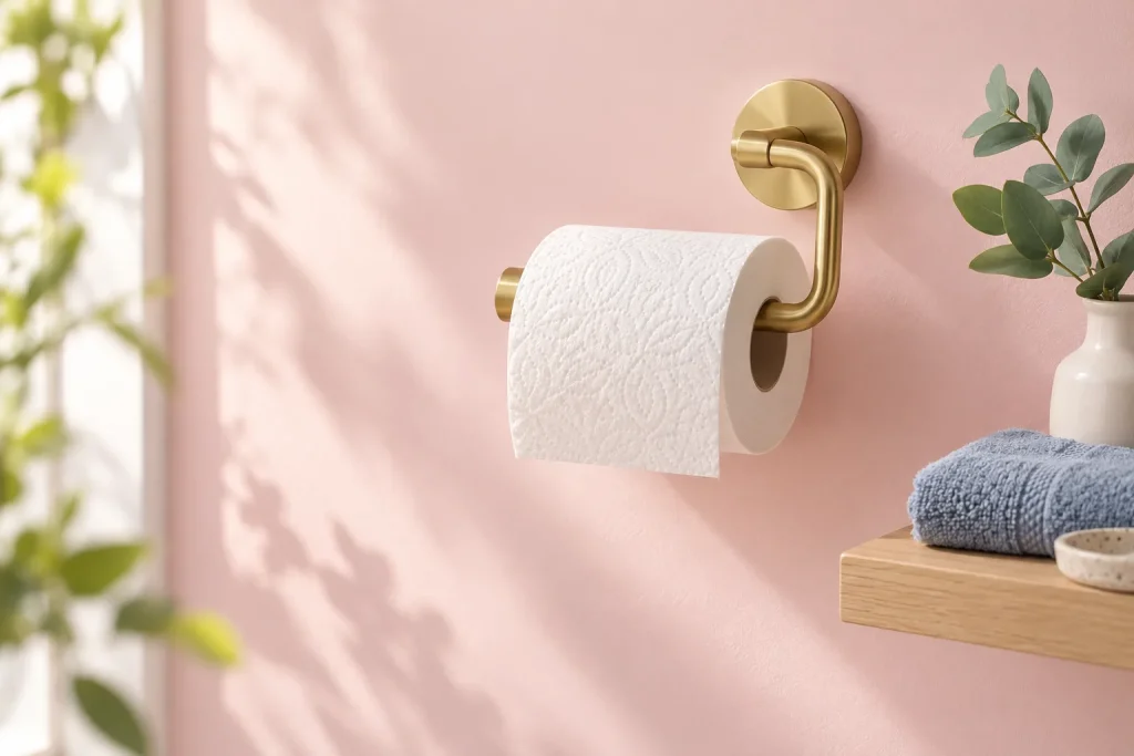 Porte papier toilette mural en laiton doré sur un mur rose poudré
